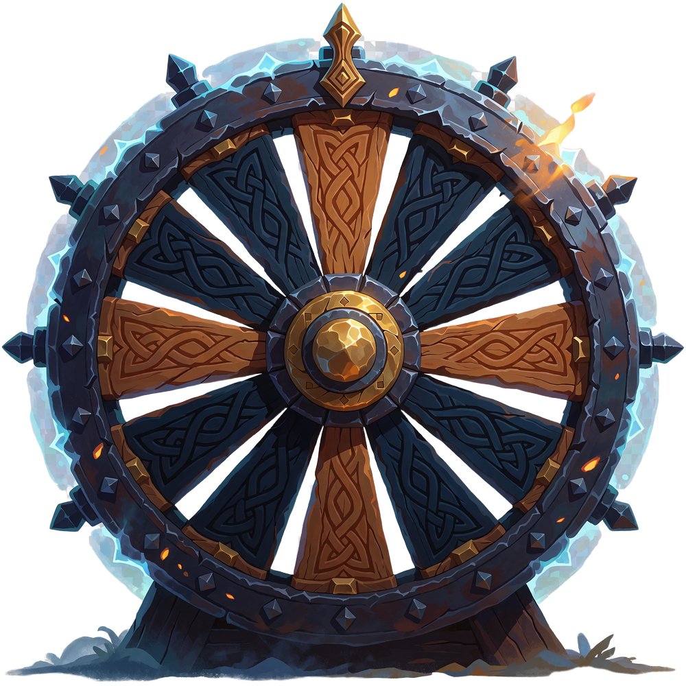 Stort tr&aelig;hjul med jernkant, tolv felter med knudem&oslash;nster og guldnav, symbol for Wheel of Fate hos Godz